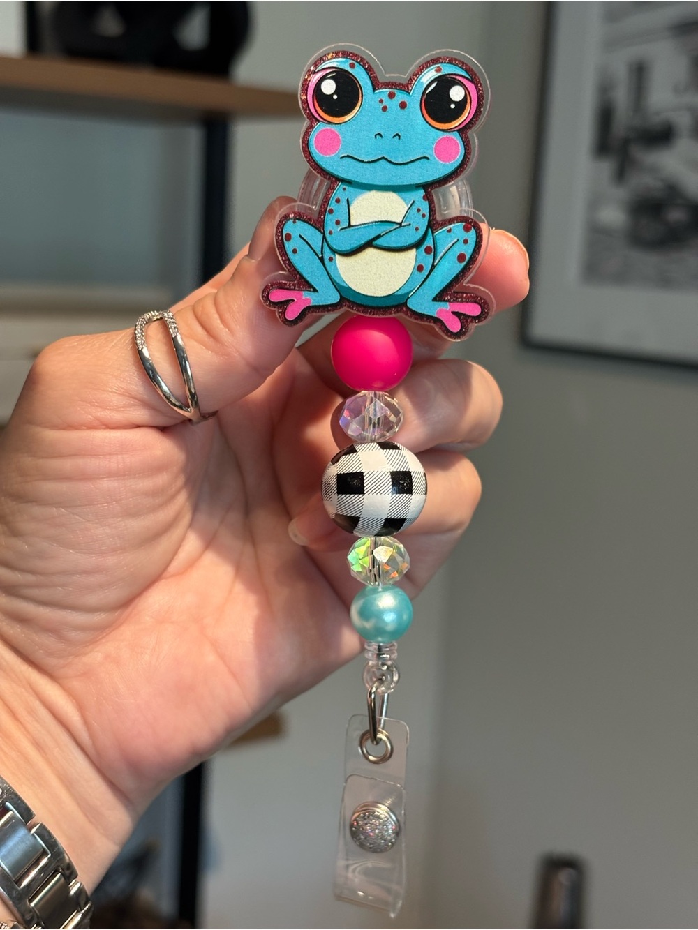 Handmade Cute Turquoise Frog Beaded Badge Reel – Pink & Black White Plaid